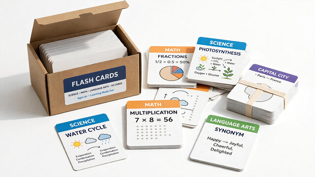 Educational flashcards box with science, math, language arts, and geography cards