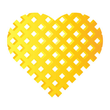 Valentines Day heart shape love romantic design element yellow waffle mesh lattice. Vibrant yellow heart figure featuring crosshatch diagonal waffle grid pattern vector illustration