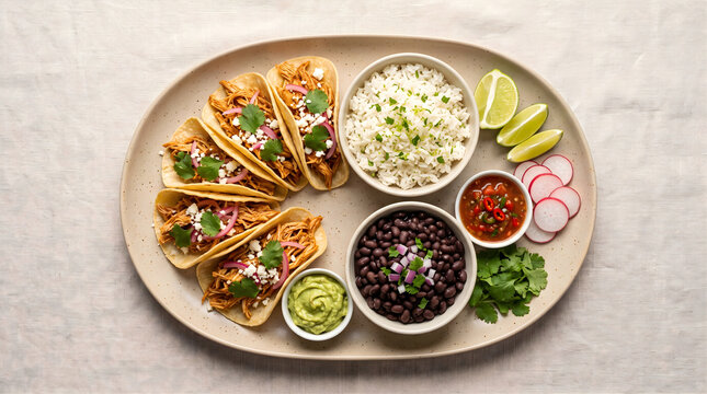 A delicious platter of chicken tinga tacos served with rice, black beans, guacamole, and fresh radish slices on a plate