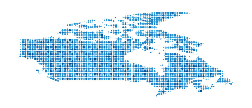 Canada map from blue dots. Halftone dotted silhouette of Canadian territory with Hudson Bay and Arctic islands, pixelated round spots mosaic for infographic, travel and business presentation. Vector
