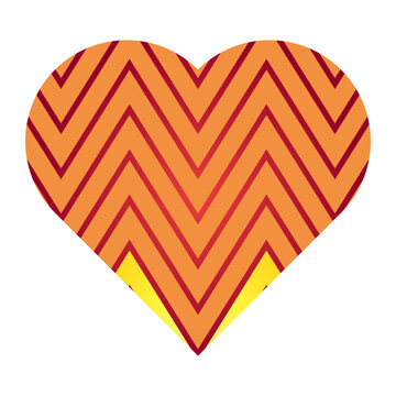 Valentines Day heart shape love romantic design element yellow chevron zigzag stripes. Vibrant yellow heart icon decorated with thin red chevron zigzag line pattern vector illustration