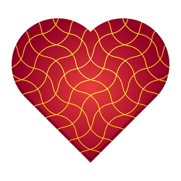 Valentines Day heart shape love romantic design element wavy line net overlay. Crimson red gradient heart figure covered in thin yellow wavy net grid pattern vector illustration