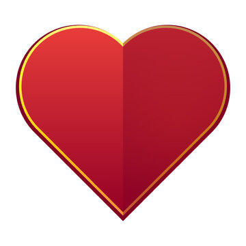 Valentines Day heart shape love romantic design element golden border folded heart. Rich red gradient heart symbol with subtle center fold shade and thin gold outline frame vector illustration