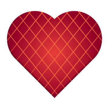 Valentines Day heart shape love romantic design element red diamond quilt grid. Deep red gradient heart icon with diagonal orange diamond mesh crosshatch pattern vector illustration