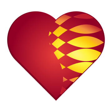 Valentines Day heart shape love romantic design element split oval pattern heart. Dark red heart symbol split with yellow overlapping oval petal pattern on one side vector illustration