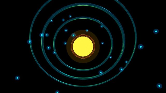 Abstract atom model with glowing core and rotating orbital rings seamless loop animation