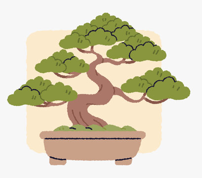 Cartoon Japanese bonsai tree in ceramic pot. Flat design vector icon