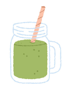 Green matcha latte or detox smoothie in glass mason jar with drinking straw. Cute roughen cartoon vector illustration