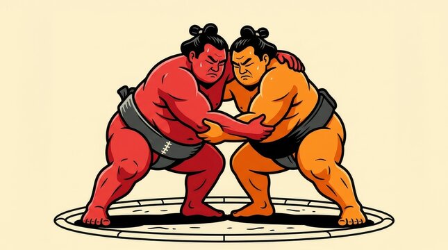 Dynamic Illustration of Two Sumo Wrestlers Grappling in a Traditional Ring, Red and Orange Characters in Combat