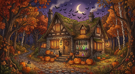 Obraz premium Fairy Tale Castle in the Night Forest, Enchanted Medieval Architecture with Autumn Trees, Magical European Landmark and Fantasy Landscape Vector Illustration