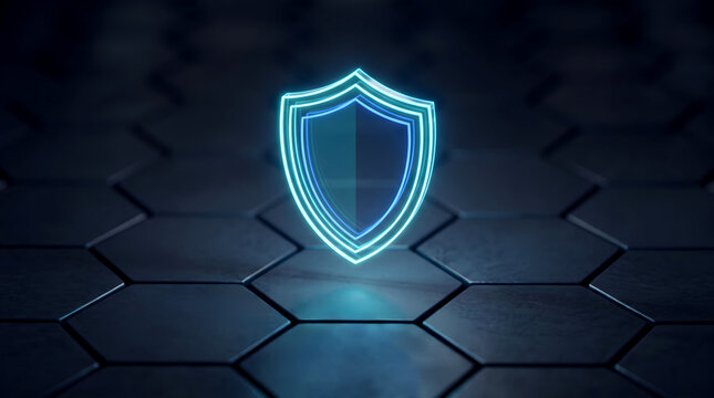 Cyber security shield glows with bright neon blue light while protecting dark metallic hexagonal textured floor.