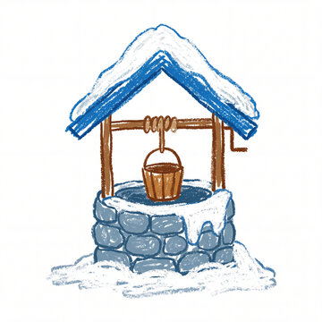 Crayon drawing of a stone water well covered in winter snow on white