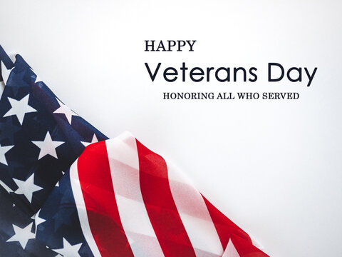 Veterans Day (11th November) greeting card with American Flag (Stars and Stripes) on a white background. Patriotic holiday tribute to military veterans. Ideal for November 11th commemoration content