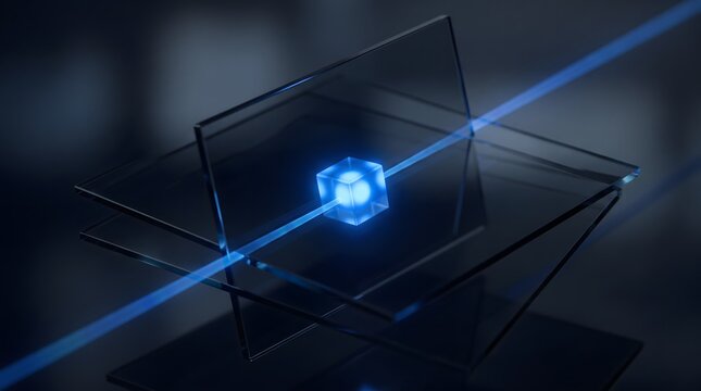 Crystal cube levitating between translucent planes with a focused laser beam passing directly.