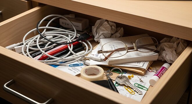 Messy open desk drawer filled with miscellaneous office supplies and tangled cables.