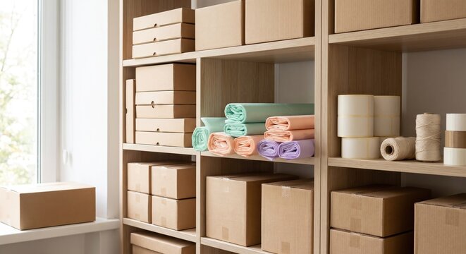 Efficiently organized shelves filled with shipping and packaging essentials: cardboard boxes, colorful tissue paper, labels, twine, and tape, perfect for e-commerce businesses.