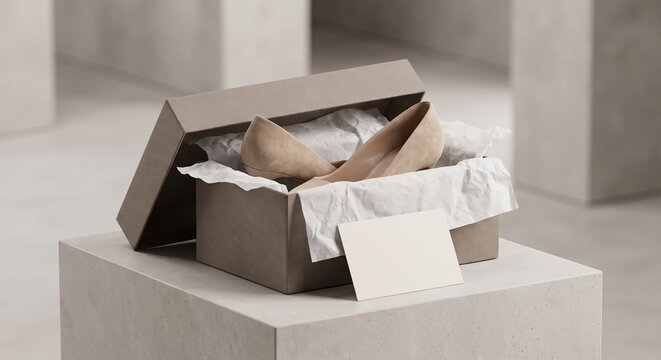 Luxurious nude high-heel pumps elegantly presented in an open textured shoebox with white tissue paper and a blank card on a minimalist concrete pedestal.