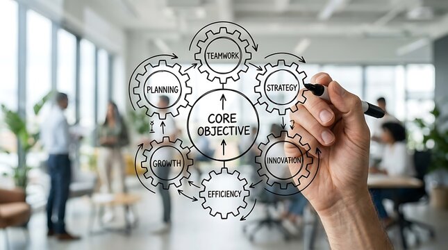 Business professional drawing a core objective gear diagram on a glass wall in an office.