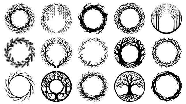 Rustic tree branch wreath silhouettes, set of 15 botanical circular frames, black twig leaf border vector icons for logo and wedding design isolated PNG with Transparent Background Editable EPS