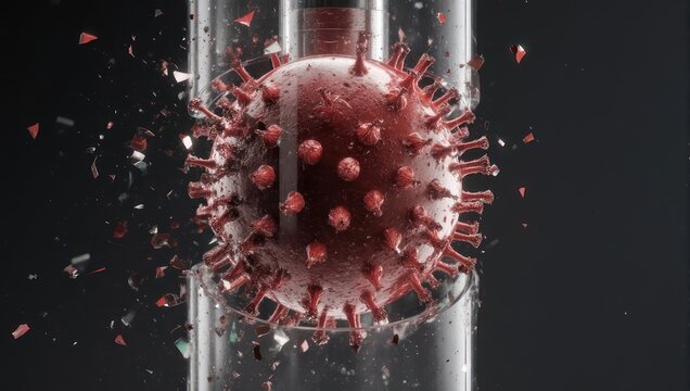 Microscopic view of a coronavirus particle in a test tube, representing global health crisis.