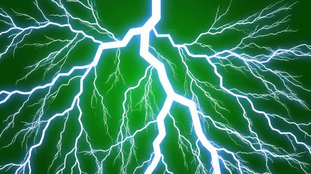 Electric lightning bolts striking through a dark green atmosphere during a powerful storm with bright blue energy