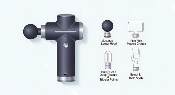 Professional electric massage gun with four interchangeable heads for deep tissue therapy and muscle recovery. Percussion massager device for physical relaxation and body health.