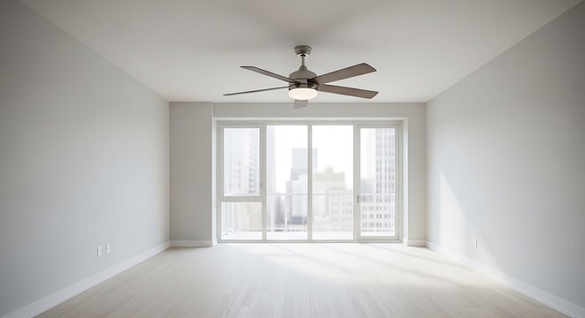Modern empty apartment room with large windows and ceiling fan.