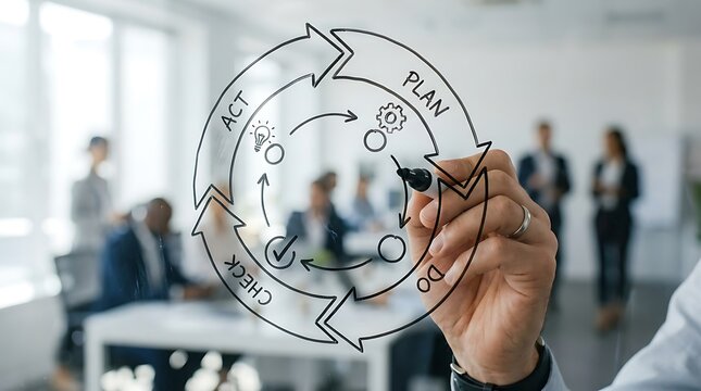 Business professional drawing a plan do check act cycle on a glass board in an office.