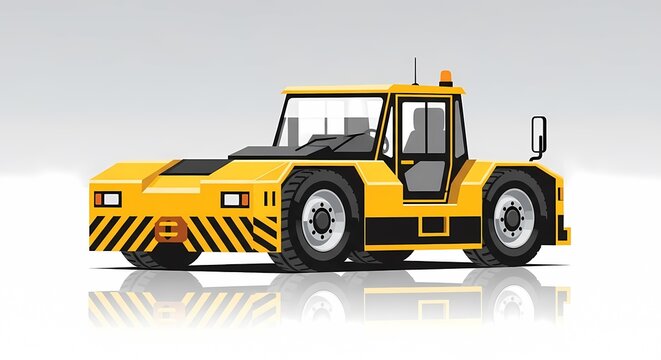 Yellow aircraft pushback tractor illustration, airport ground support equipment for towing airplanes, industrial tow tug vehicle vector icon on white background.
