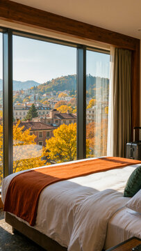 Bedroom with orange throw and mountain autumn view