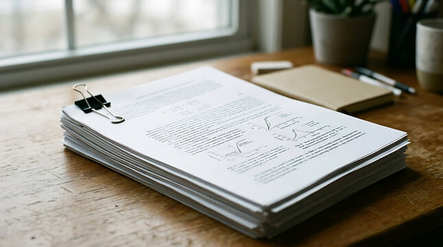 Stack of technical research papers with graphs clipped on a wooden desk