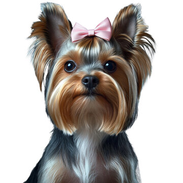 Yorkshire Terrier dog with pink bow looking directly at the camera  