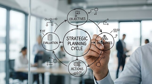Business professional drawing a strategic planning cycle diagram on a glass wall in a modern office.
