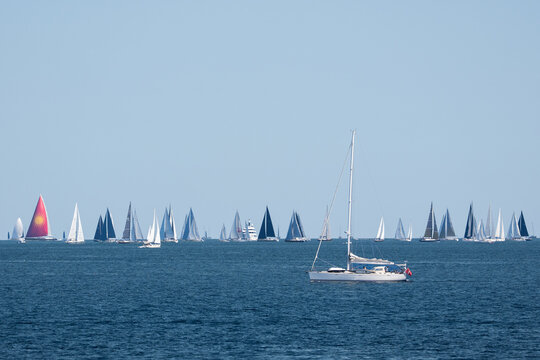 View of sailboats participating in a regatta in the Maddalena archipelago, Sardinia, Italy.