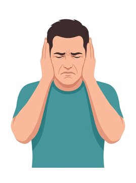 Stressed Man Covering Ears to Block Loud Noise Illustration for Mental Health and Sensory Overload Concepts