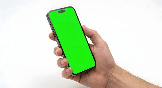A hand holding a smartphone with a bright green screen against a white background