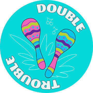 Brazilian carnival maracas musical instrument cute vector flat illustration blue background. Pair rattles sound notes round sticker badge emblem design artwork