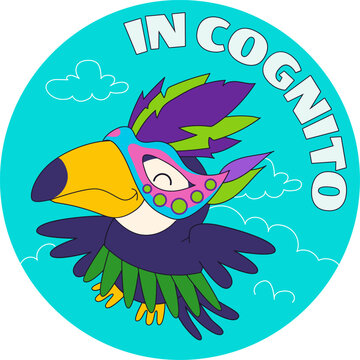 Toucan wearing carnival mask cute tropical bird vector flat illustration blue background. Disguised mascot animal flying celebrating fiesta round sticker emblem design artwork
