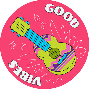 Brazilian carnival acoustic guitar instrument cute vector flat illustration pink background. Colorful decorated ukulele musical sound notes round sticker badge emblem design artwork