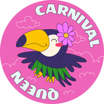 Toucan wearing flower grass skirt cute tropical bird vector flat illustration pink background. Carnival queen mascot animal dancing fiesta round sticker badge design artwork