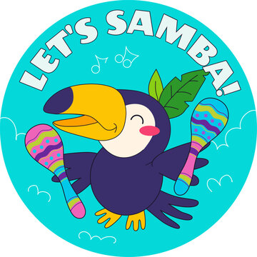 Toucan playing colorful maracas cute tropical bird vector flat illustration blue background. Mascot animal dancing samba rhythm round sticker badge emblem design artwork