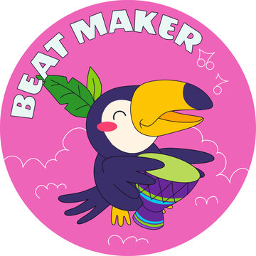 Toucan playing carnival drum cute tropical bird vector flat illustration pink background. Cartoon mascot animal making musical rhythm beat round sticker badge design artwork