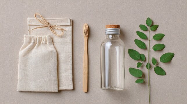 Eco friendly bathroom set with bamboo toothbrush, glass bottle and reusable cloth bag on a neutral background, sustainable zero waste personal care concept