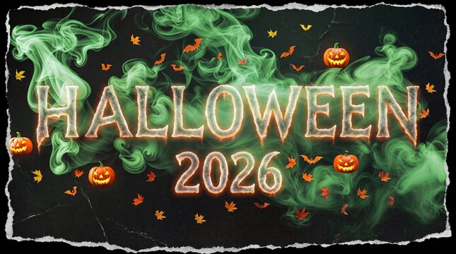 Halloween 2026 Frosty Icy Text On Green Smoke Background With Pumpkins And Bats Photo - halloween 2026, halloween background, icy text, frost letters, green smoke, jack o lantern, carved pumpkin