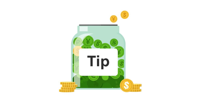 Tip Jar Illustration with Global Currency Symbols and Gold Coins for Donation, Gratitude, and Financial Support Concept