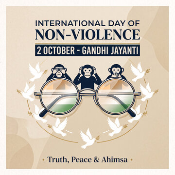 Three wise monkeys symbol with Mahatma Gandhi round spectacles and peace pigeons for International Day of Non Violence
