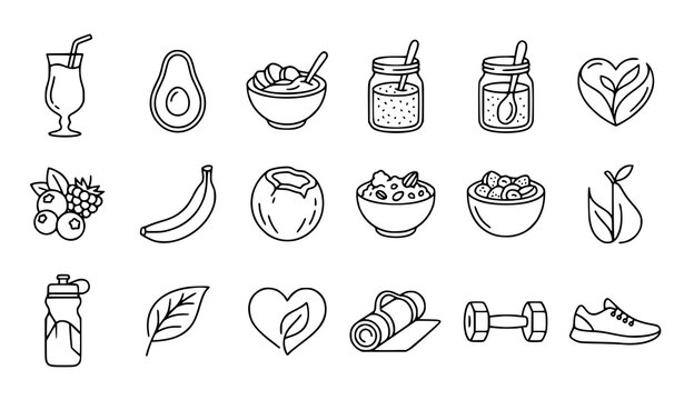 Hand drawn healthy food and wellness collection featuring smoothies, avocado, fruits, salads, vegetables, water bottles, hearts, leaves, and fitness symbols