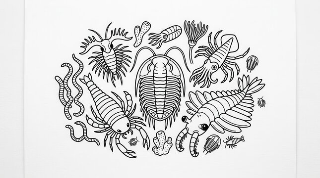 Prehistoric Marine Life Line Art Illustration with Trilobites, Sea Scorpions, and Anomalocaris for Coloring Book