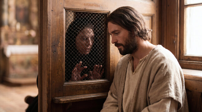 jesus christ sitting in confession booth listening to repentant sinner photorealistic close up with bokeh background dramatic daylight spiritual forgiveness concept