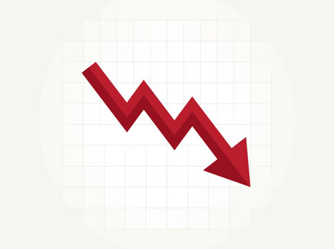 Red arrow trending down on grid representing financial crisis and economic decline isolated on transparent background